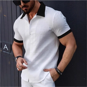 Men's Casual Waffle Knit Contrast Color Short Sleeve Shirt And Shorts Fashion Lapel Button Down Top Pant Summer Outfit