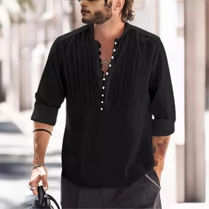 Detail of black Henley neck men's shirt with white buttons and vertical pleat texture