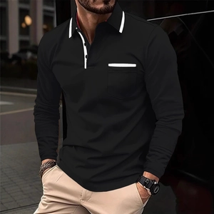 Men's black long sleeve polo shirt with white contrast piping and chest pocket detail