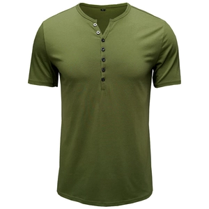 T-shirt Henley pour homme vert olive à manches courtes avec patte à cinq boutons classique