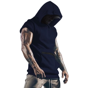Slim fit men's sleeveless hoodie in dark blue for fitness and outdoor gym workouts