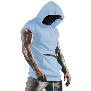 Men's sky blue sleeveless gym hoodie with front zipper pocket for outdoor workouts
