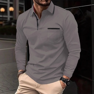 Men's slim fit long sleeve polo shirt in grey with a black chest pocket and turndown collar