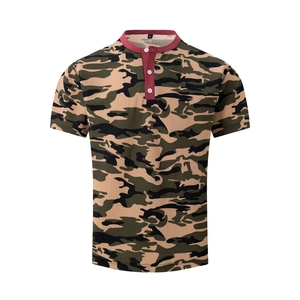 Men's camouflage short sleeve polo shirt with three-button Henley collar on white background