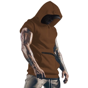 Men's solid brown sleeveless gym hoodie with full zipper and muscle fit design