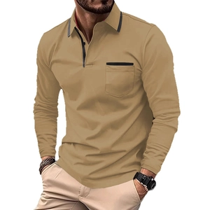 Men's khaki long sleeve polo shirt with black contrast collar and chest pocket detail