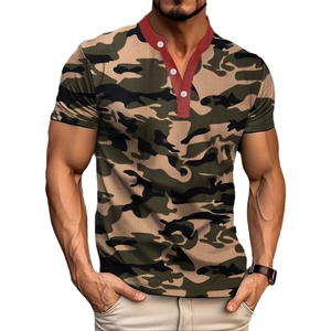 Men's camouflage polo shirt with a contrasting red collar and breathable fabric