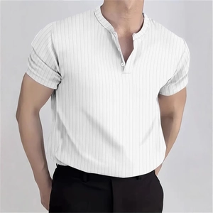 Chemise Henley Décontractée pour Hommes Manches Courtes Texture Côtelée Coupe Slim Col en V à Boutons T-Shirt Tricoté