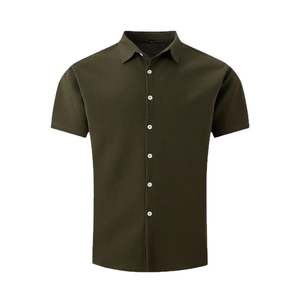 Men's olive green short sleeve shirt with waffle texture and white button-down front