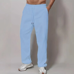 Men's light blue cotton straight leg casual pants with adjustable drawstring waist