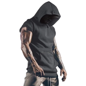 Men's dark gray fitness sleeveless hoodie with a zip pocket and athletic fit design