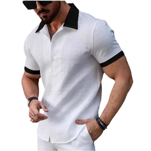 Men's white short sleeve shirt with black contrast trim and waffle texture fabric