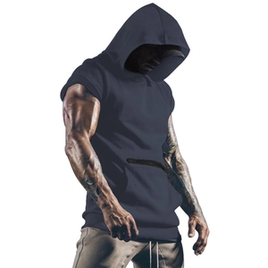 Men's athletic sleeveless hoodie in navy blue with functional zipper pocket for workout