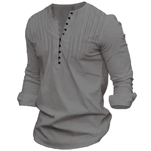 Men's grey long sleeve Henley shirt with buttoned pleated chest and cotton linen texture