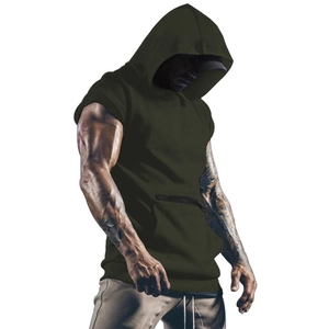 Detail of olive green sleeveless workout hoodie with side cutouts and zip pouch pocket