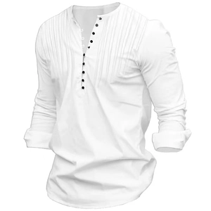 Close-up of men's white long sleeve shirt with black buttons and vertical pleated detail