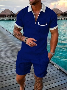 Ensemble polo et short bleu marine pour hommes avec texture diamant et bordures