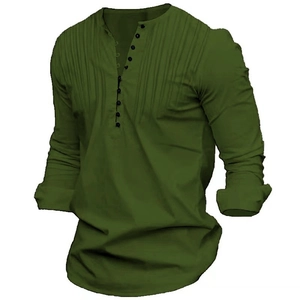 Close-up of olive green Henley shirt showing multi-button placket and pleated texture