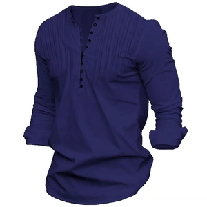 Men's dark blue long sleeve shirt with Henley collar and pleated front detailing