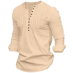 Detail of men's casual beige shirt showing Henley collar, buttons and pleated texture