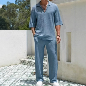 Ensemble décontracté 2 pièces pour hommes avec chemise manches courtes et pantalon bleu