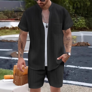 Men's summer black waffle knit short sleeve Henley shirt and shorts casual beach set