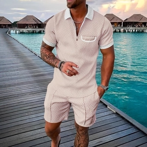 Ensemble d'Été pour Hommes en Polyester Texturé Polo Et Short Haut Et Bas Plage Décontracté Jacquard Géométrique Manches Courtes