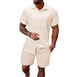 Men's summer two-piece jacquard set with short sleeve button shirt and textured shorts