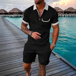 Ensemble polo d'été pour homme noir avec col zippé et détails géométriques blancs