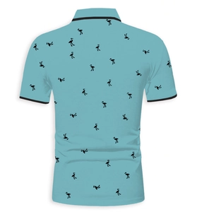 Rear view of light blue men's polo shirt featuring black flamingo prints and contrast trim