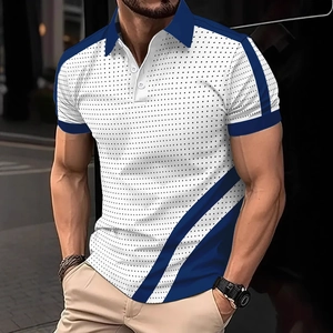 Polo Homme Décontracté à Manches Courtes Contraste Géométrique Imprimé à Pois Mode Business Décontracté Haut à Revers