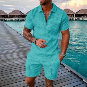 Ensemble Polo Et Short Décontracté Pour Hommes Texture Géométrique Col Zippé Manches Courtes Top Et Bottom Tenue Plage