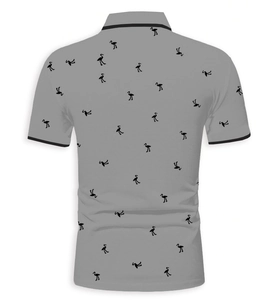 Detail view of grey Polo shirt back featuring all-over black flamingo prints