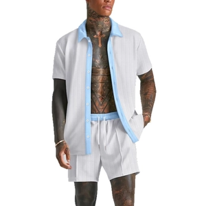 Men's summer casual two-piece set with color block short sleeve shirt and drawstring shorts