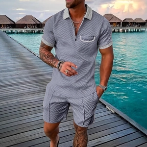 Ensemble polo deux pièces décontracté pour hommes avec texture jacquard en gris clair