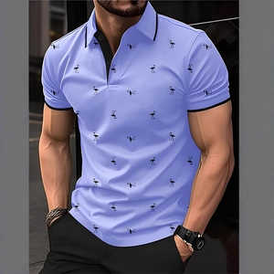 Men Summer Casual Polo Shirt Flamingo 3D Print Short Sleeve Top Contrast Lapel Button Slim Fit Business Fashion Polo