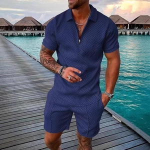 Ensemble polo d'été bleu marine à motifs géométriques avec fermeture à glissière