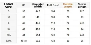 Detailed size chart for men's polo shirt including US sizes, shoulder, chest, and length info