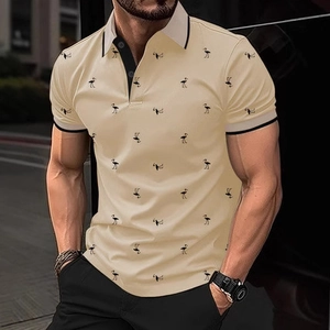 Men's summer short sleeve polo shirt with all-over flamingo print and contrast collar