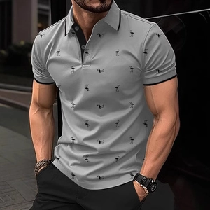 Men's grey business casual short sleeve polo shirt with black flamingo 3D print pattern