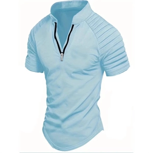 Men's Zip Polo Shirt Ribbed Shoulder Short Sleeve Slim Fit Casual Summer Cotton Blend Fashion Top