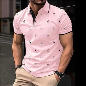 Men's pink short sleeve polo shirt with black flamingo 3D print and contrast collar