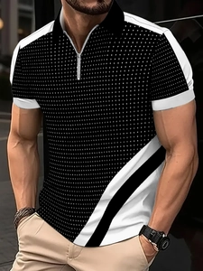 Close-up of men's polo shirt featuring 3D dot patterns and sporty contrast zipper collar