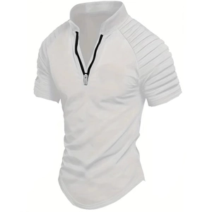 White slim-fit men's polo shirt with zipper V-neck and pleated shoulder design details