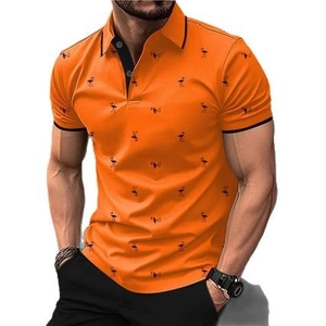 Men's orange short-sleeve Polo shirt with black flamingo print and classic collar