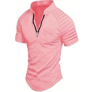 Men's pink slim fit polo shirt with zipper collar and ribbed texture on shoulders