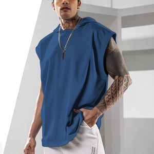 Felpa con cappuccio sportiva da uomo senza maniche blu reale con ampi scalfi