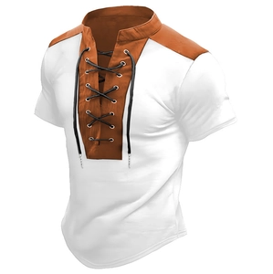 Men's short sleeve tee with V-neck lace-up detail and contrast leather-like stitching