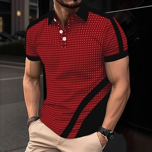 Polo homme moderne rouge à micro-pois blancs avec panneaux contrastés noirs stylés