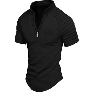 Men's black slim fit polo shirt featuring unique pleated sleeves and a modern zipper neck